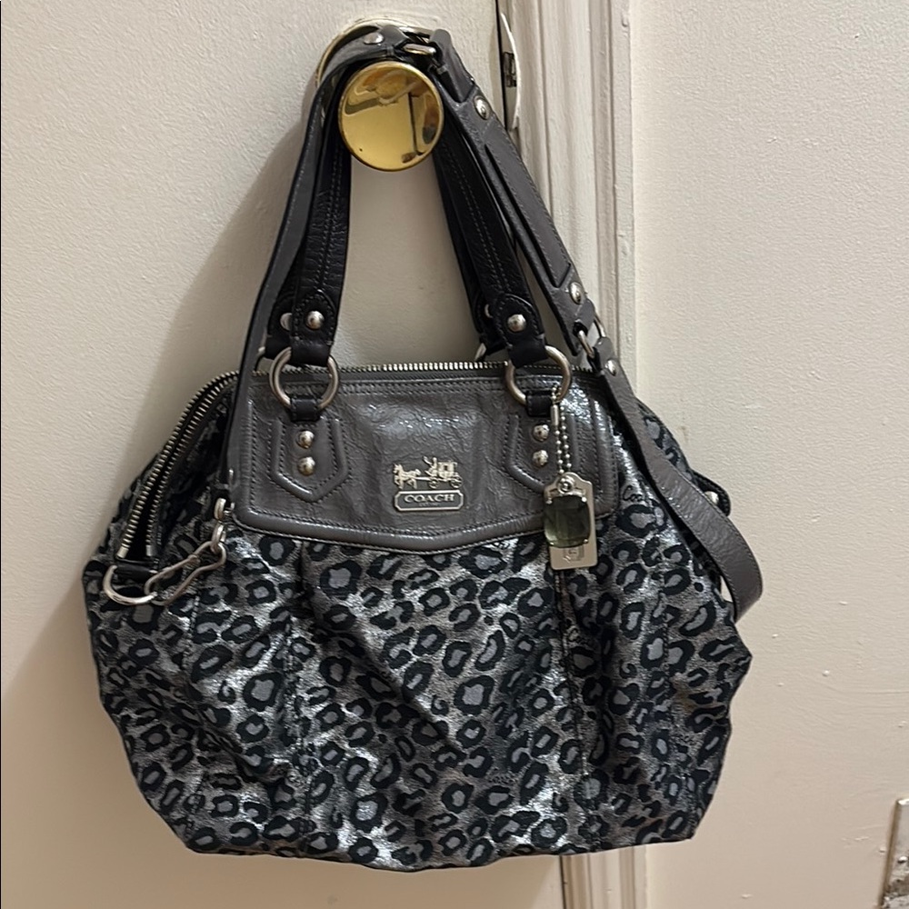 Coach Gray and Black Shoulder Bag with Leopard Print